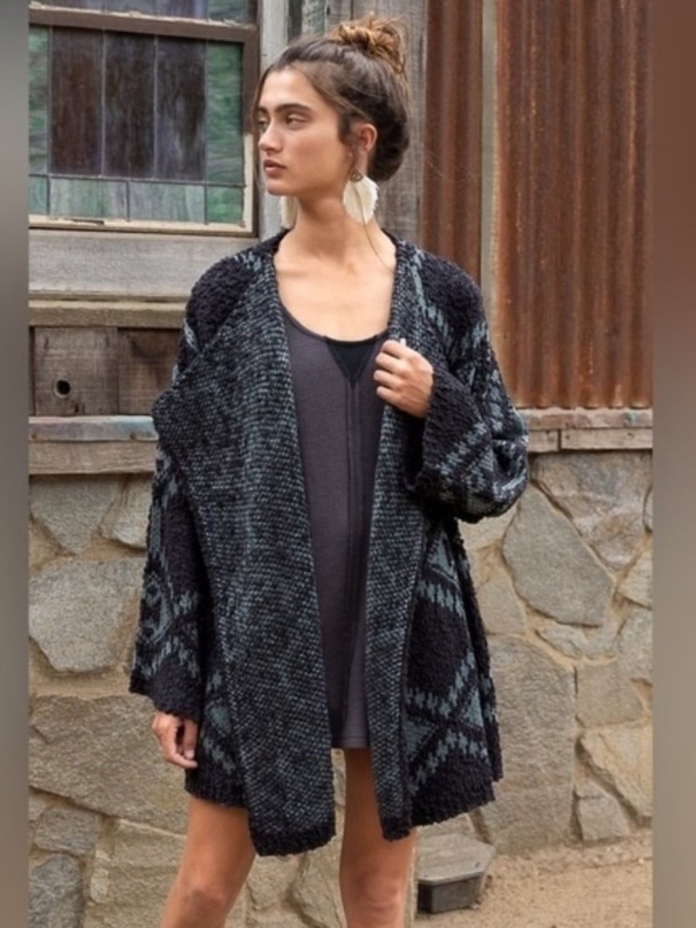 POL | Waterfall Aztec Popcorn Cardigan Sweater Charcoal Blue Sage Aztec Chenille